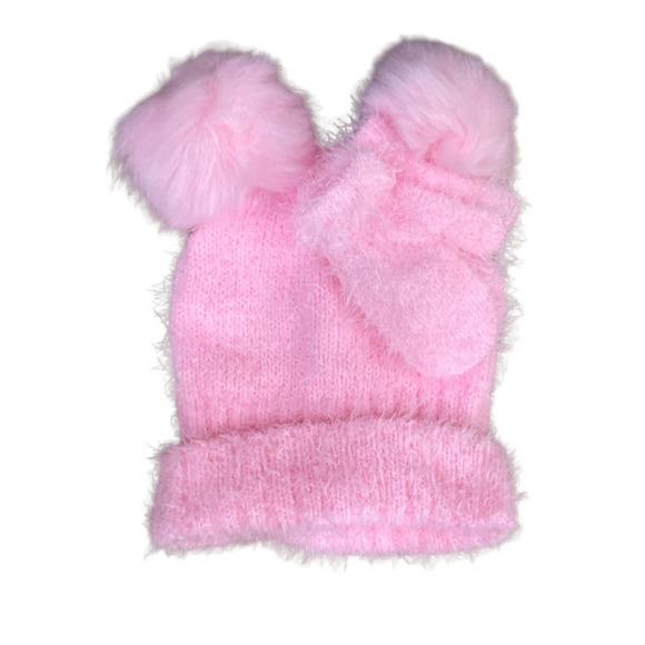 Adorable Pink Pom Pom Fuzzy Hat and Mitten set 12-24 … - Picture 2 of 4